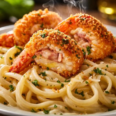 Image of Shrimp Cordon Bleu Over Linguine