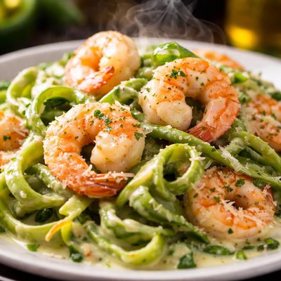 Image of Shrimp Fettuccine Alfredo Over Spinach Noodles