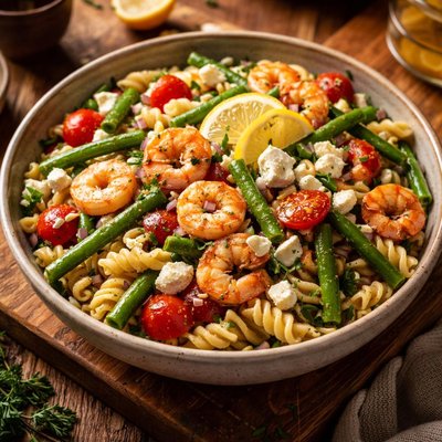 Image of Shrimp Green Bean and Feta Pasta Salad