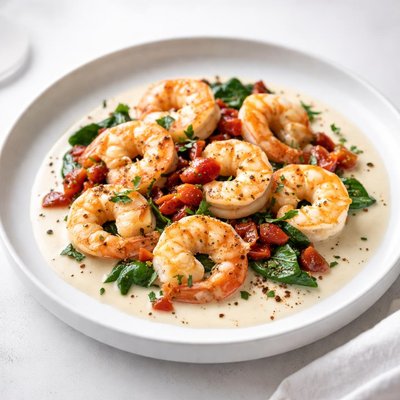 Image of Shrimp in Garlic White Wine Cream Sauce with Sun Dried Tomatoes