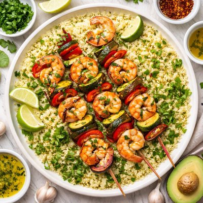 Image of Shrimp Kabobs W Lime Butter Sauce Cilantro Couscous