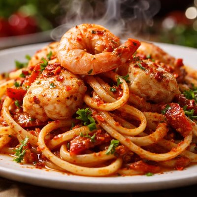 Image of Shrimp Monkfish Over Linguine Fra Diablo Style