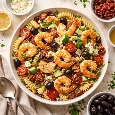 Image of Shrimp Pasta Salad with Feta Sun Dried Tomatoes and Olives