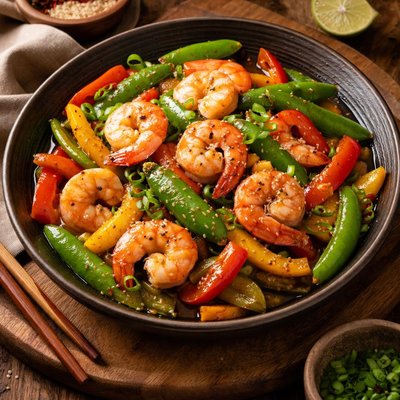 Image of Shrimp Peppers and Pea Pods Stir Fry