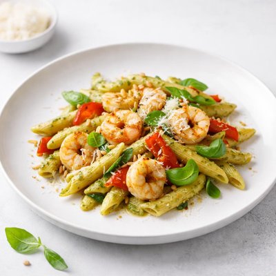 Image of Shrimp Roasted Pepper Penne with Pesto Cream