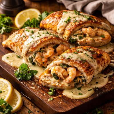 Image of Shrimp Stuffed Chicken with Cream Sauce