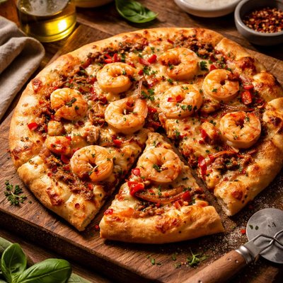 Image of Shrimp Sweet Onion and Roasted Red Pepper Pesto Pizza