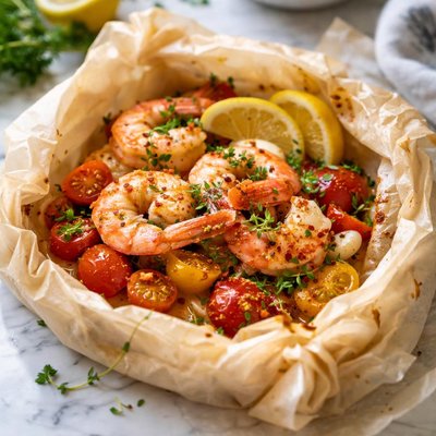 Image of Shrimps and Cherry Tomatoes En Papillotte