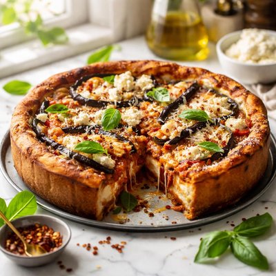 Image of Sicilian Deep Dish Eggplant Aubergine Pizza