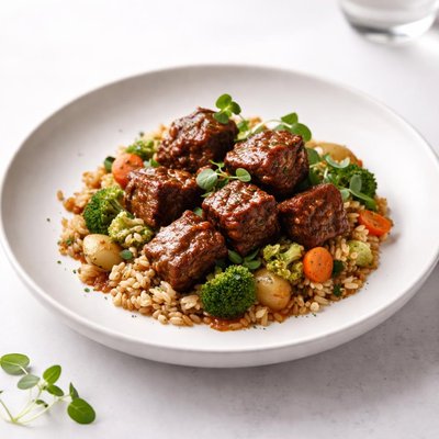 Image of Simmered Beef Cubes with Veggies and Barley