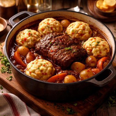 Image of Simmered Creole Pot Roast with Pimiento Dumplings