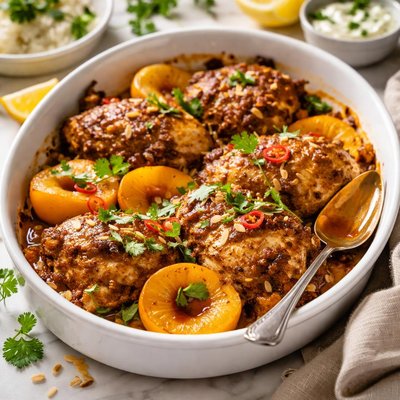 Image of Simple Baked Curry Chicken with Cling Peaches