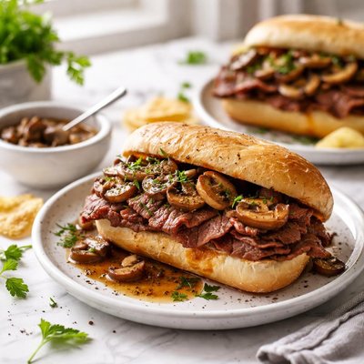 Image of Simple Hot Roast Beef Sandwiches with Mushroom Au Jus