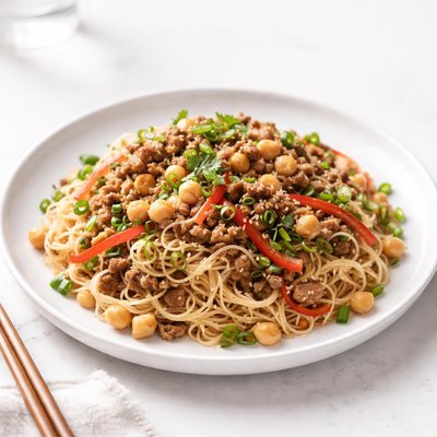Image of Singapore Noodles with Ground Beef and Chickpeas