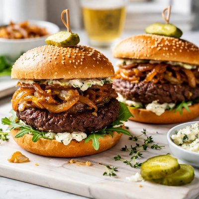 Image of Sirloin Burgers with Blue Cheese Mayo and Sherry Vidalia Onions