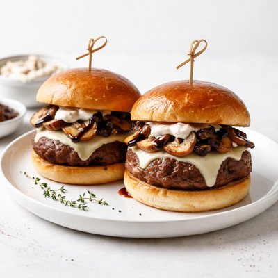 Image of Sirloin Burgers with Mushrooms Swiss and Balsamic Mayo