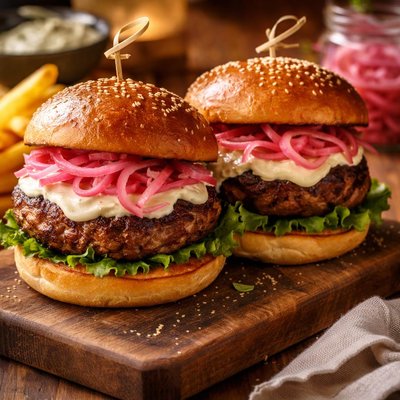 Image of Sirloin Burgers with Wasabi Mayo and Ginger Pickled Onions