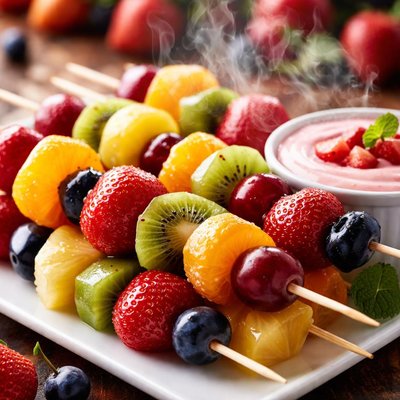 Image of Six Fruit Kabobs with Strawberry Yogurt Dip