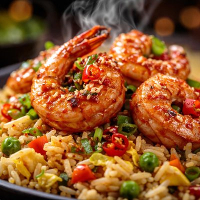 Image of Sizzling Chilli Prawns with Egg Fried Rice