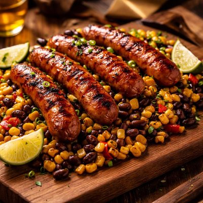 Image of Sizzling Franks with Grilled Corn and Black Beans