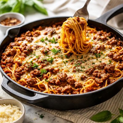 Image of Skillet Baked Spaghetti with Meat Sauce