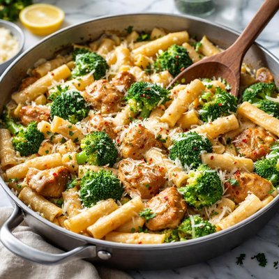 Image of Skillet Chicken Broccoli Ziti and Asiago Cheese