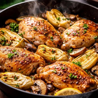 Image of Skillet Chicken with Artichokes and Mushrooms