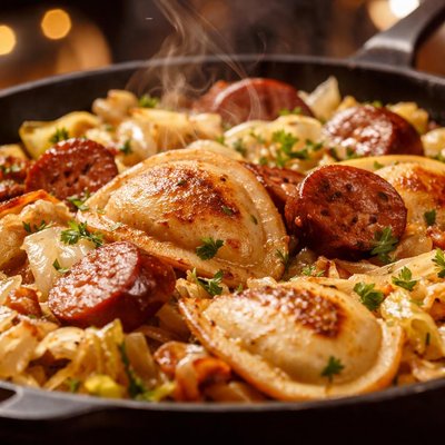 Image of Skillet Pierogies Kielbasa and Cabbage Casserole