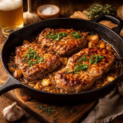 Image of Skillet Pork Chops with Beer and Garlic