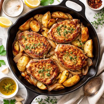 Image of Skillet Pork Chops with Onion and Potatoes