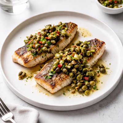 Image of Skillet Roasted Fish Fillets with Green Olive Relish