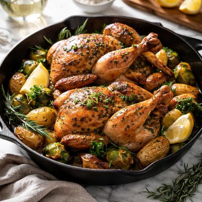 Image of Skillet Roasted Game Hens W Fingerlings and Sprouts