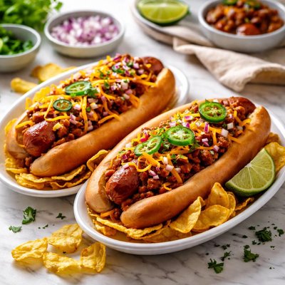 Image of Sliced Chili Hot Dogs Over Corn Chips for 2