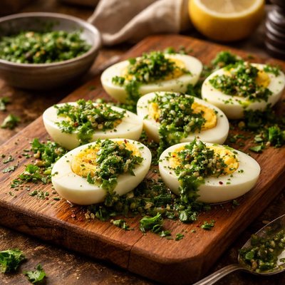 Image of Sliced Eggs with Green Sauce