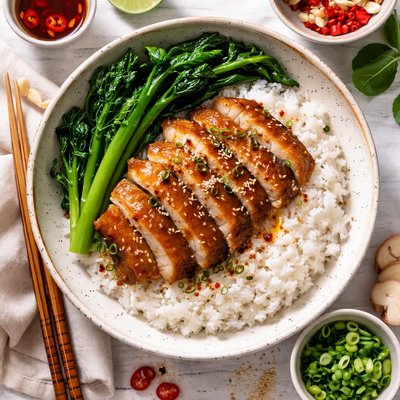 Image of Sliced Fish with Chinese Broccoli on White Rice