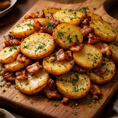 Image of Sliced Potatoes with Bacon and Parsley