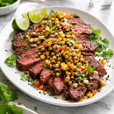 Image of Sliced Steak with Roasted Corn Salsa