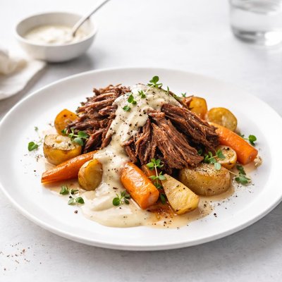 Image of Slow Cooked Beef Roast and Vegetables with Horseradish Gravy
