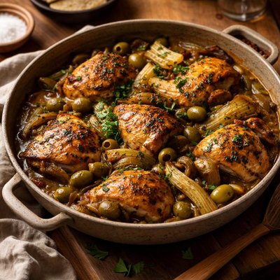 Image of Slow Cooked Chicken with Fennel Olives and Scallions