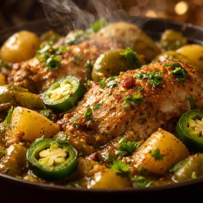 Image of Slow Cooked Chicken with Tomatillos Potatoes Jalapenos and Fre