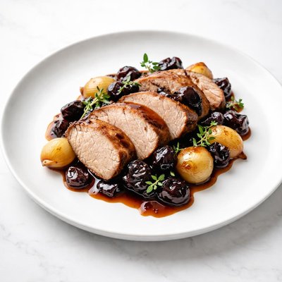 Image of Slow Cooked Pork Loin with Dried Cherries and Baby Onions