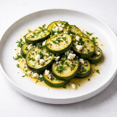 Image of Slow Cooked Zucchini Coins with Chopped Herbs and Crumbled Feta