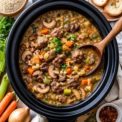 Image of Slow Cooker Beef Mushroom Barley Soup