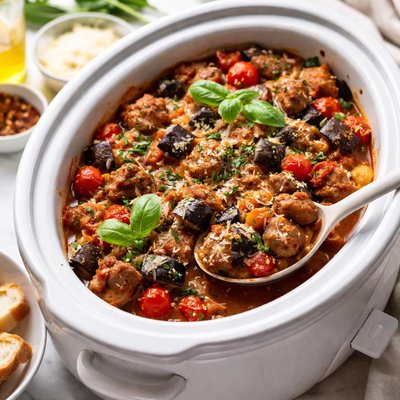 Image of Slow Cooker Crock Pot Sausage Eggplant and Tomato Casserole