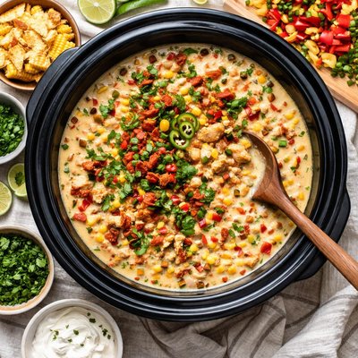 Image of Slow Cooker Poblano Corn Chowder with Chicken and Chorizo
