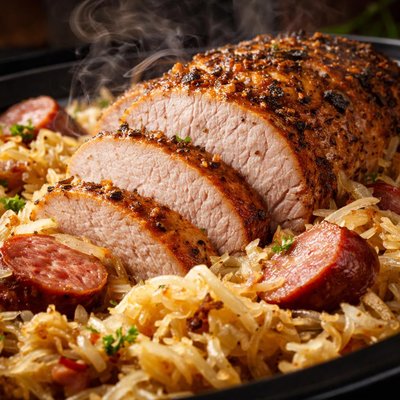 Image of Slow Cooker Pork Loin Roast with Sauerkraut and Kielbasa