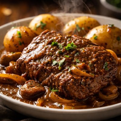 Image of Slow Cooker Swiss Steaks with Beef Gravy and Potatoes