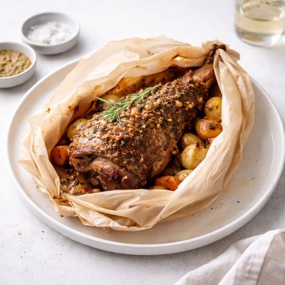 Image of Slow Roasted Paper Wrapped Leg of Lamb from Olive Magazine April
