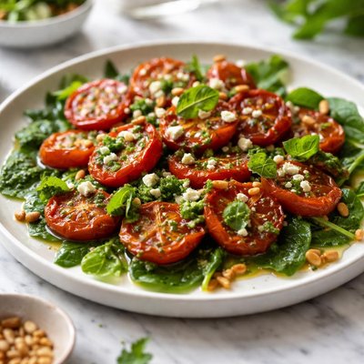 Image of Slow Roasted Tomatoes with Baby Spinach Pesto Dressing