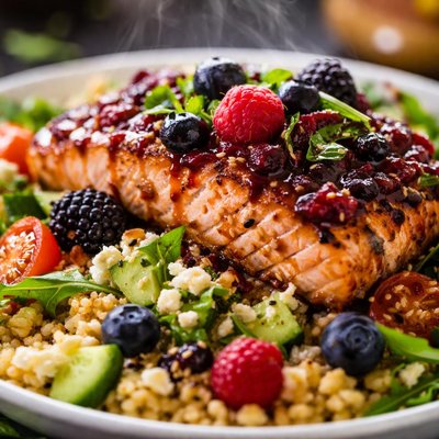 Image of Smashed Berry Infused Salmon Salad Over Garlic Roasted Couscous